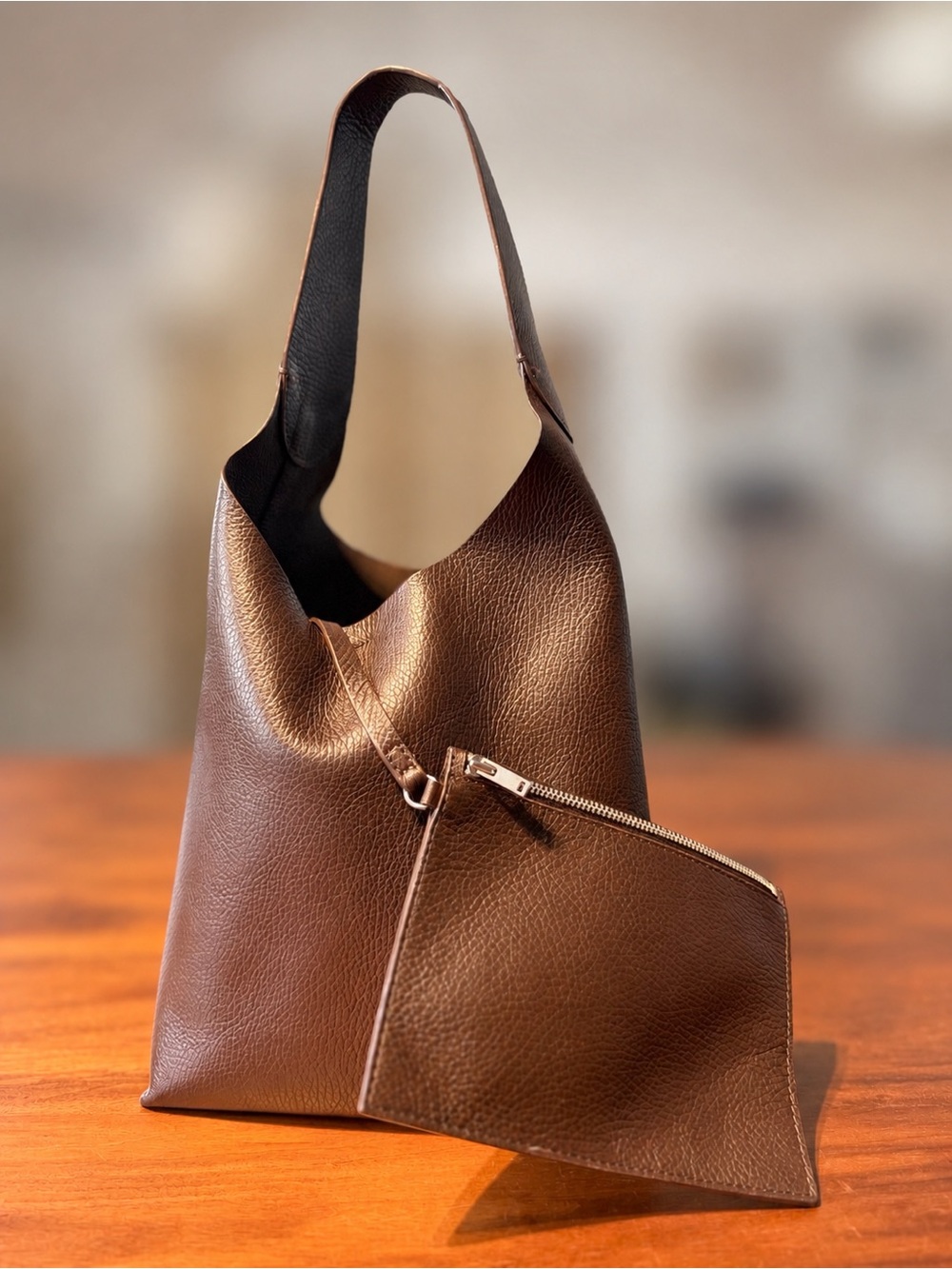 Brown Real Leather Hobo Shoulder Bag with Zip Pouch